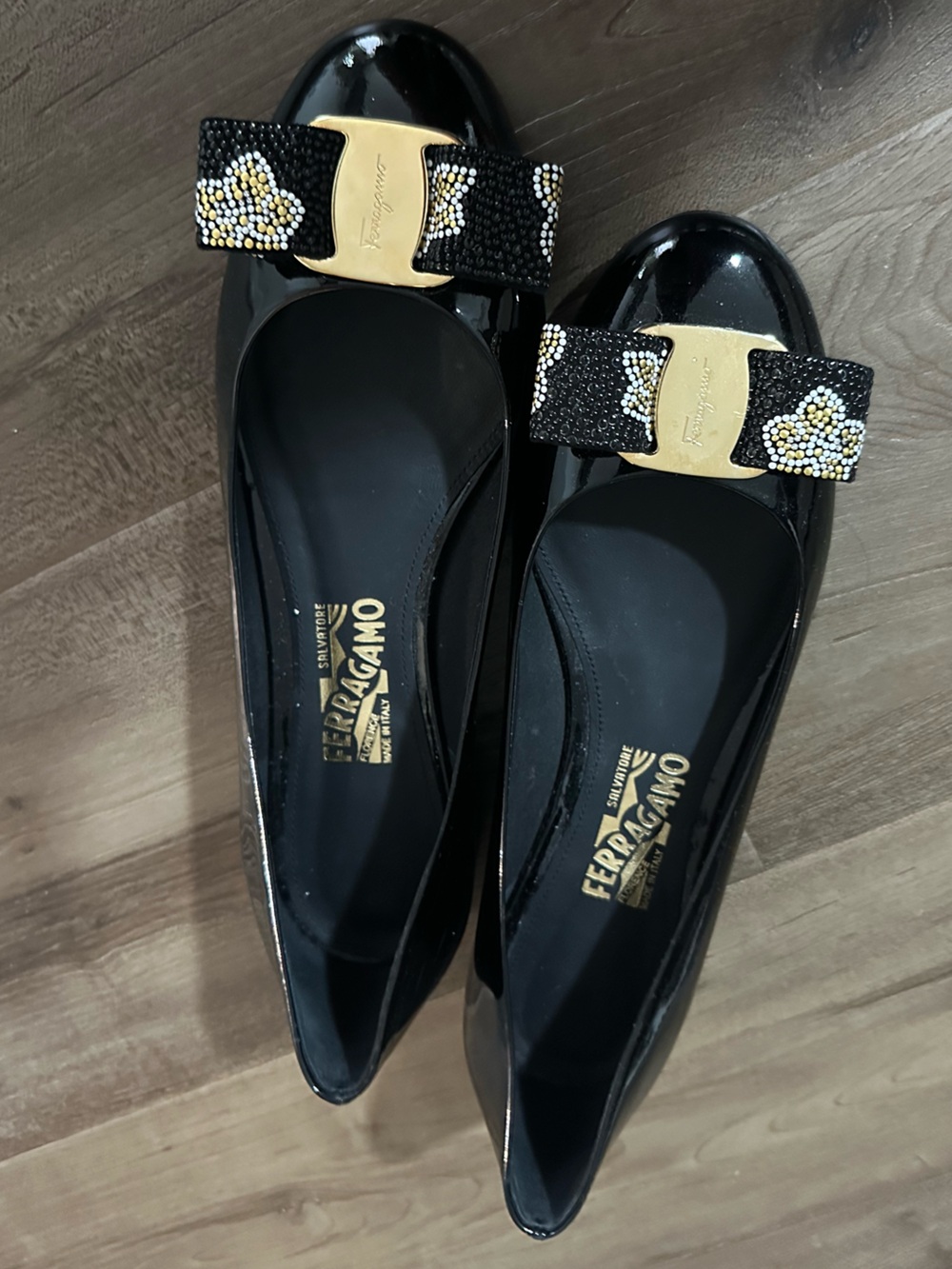 Salvatore Ferragamo Black Patent Vara Bow Flats with Beaded Floral Detail